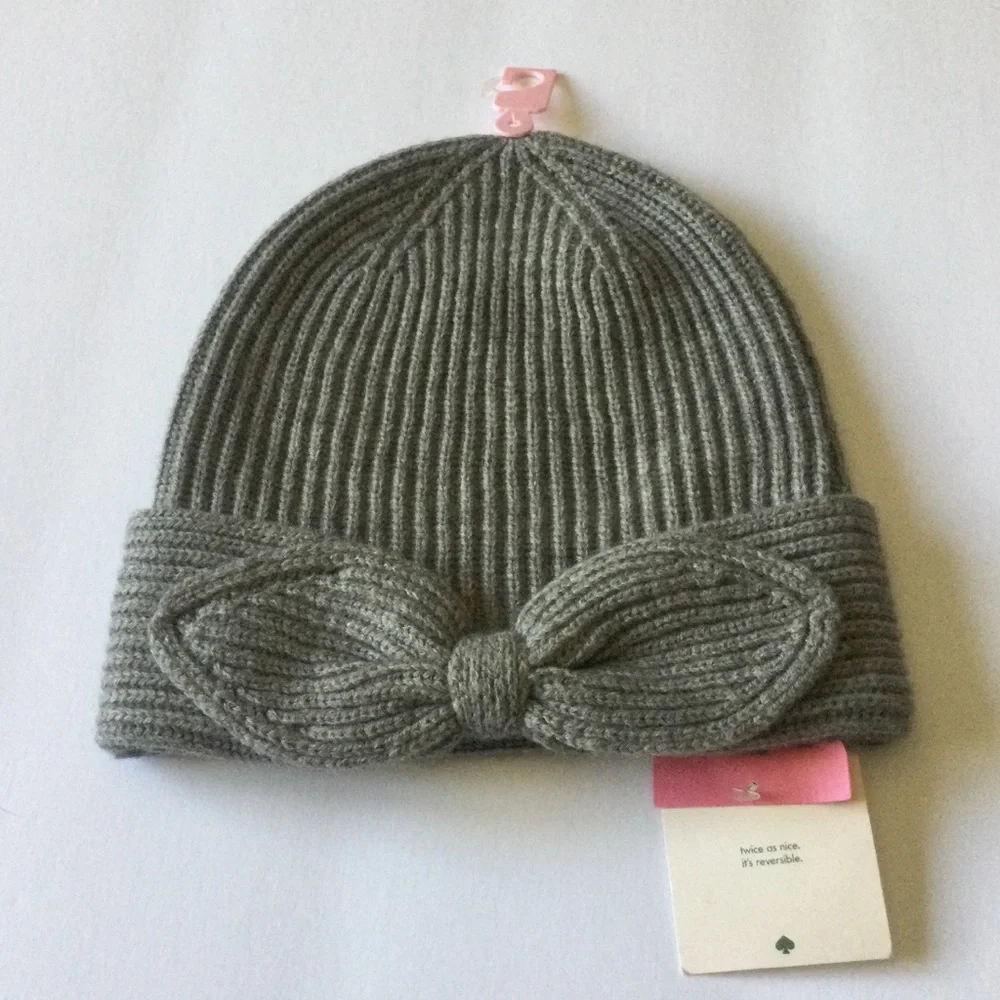 KATE SPADE NEW YORK POINTY BOW WOOL BLEND BEANIE GREY OS NWT